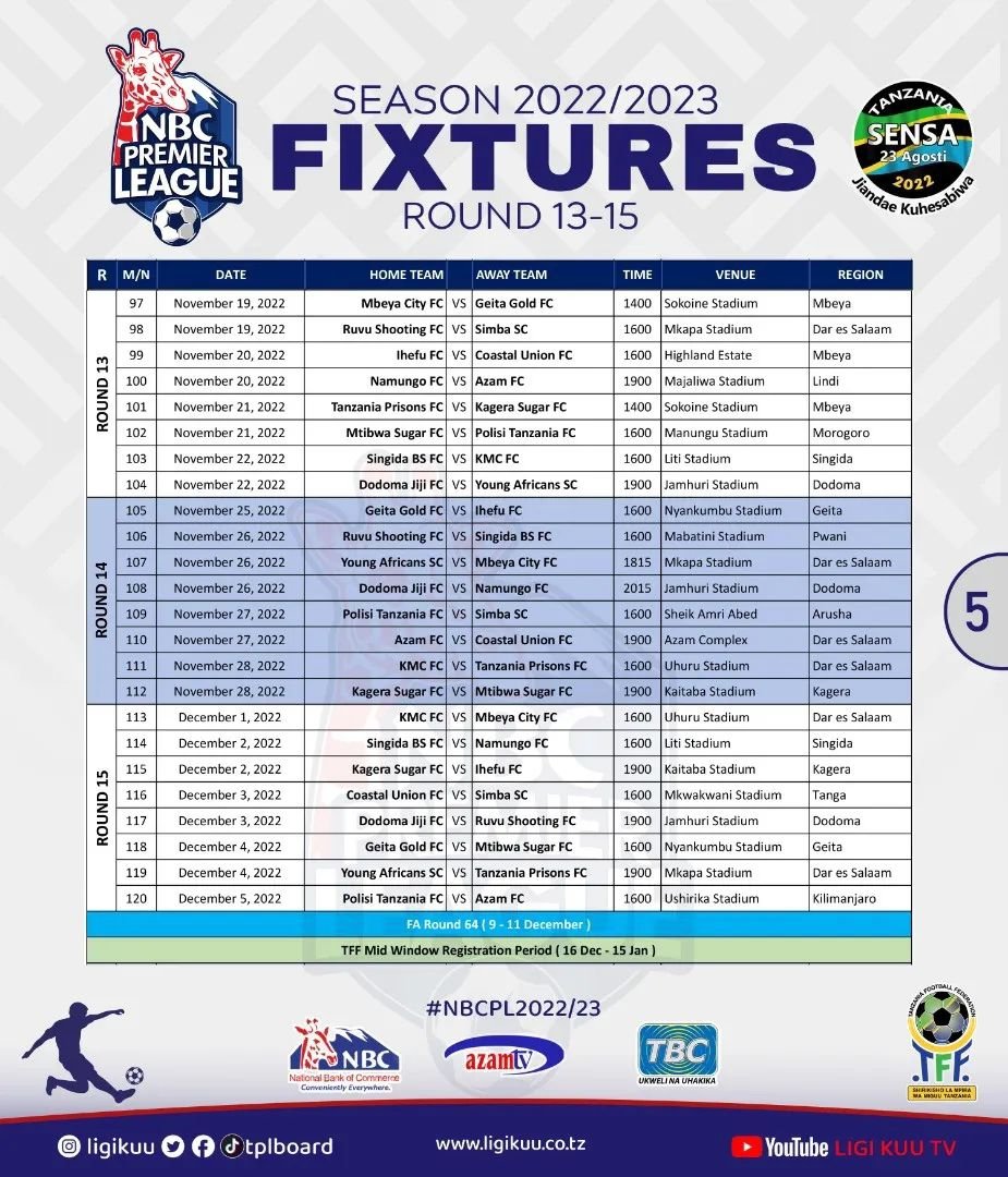 BoiplusMedia's tweet photo. Ratiba ya @tplboard ya @NBCTanzania msimu wa 2022/2023. Mechi gani unaisubiri kwa hamu ?
#NBCPL2022_2023
#BoiplusUpdates
@Tanfootball @NBCTanzania @azamtvtz @TBConlineTZ https://t.co/CR69NhhP8E