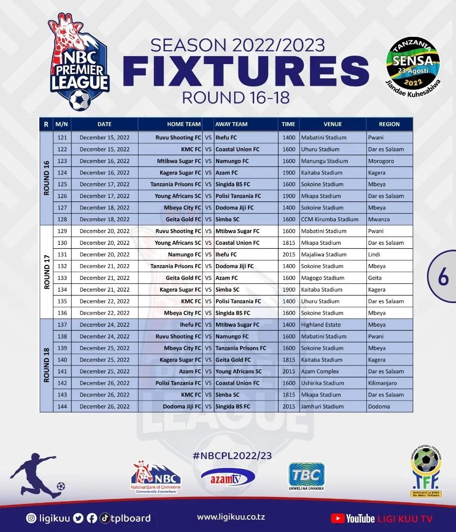 BoiplusMedia's tweet photo. Ratiba ya @tplboard ya @NBCTanzania msimu wa 2022/2023. Mechi gani unaisubiri kwa hamu ?
#NBCPL2022_2023
#BoiplusUpdates
@Tanfootball @NBCTanzania @azamtvtz @TBConlineTZ https://t.co/CR69NhhP8E