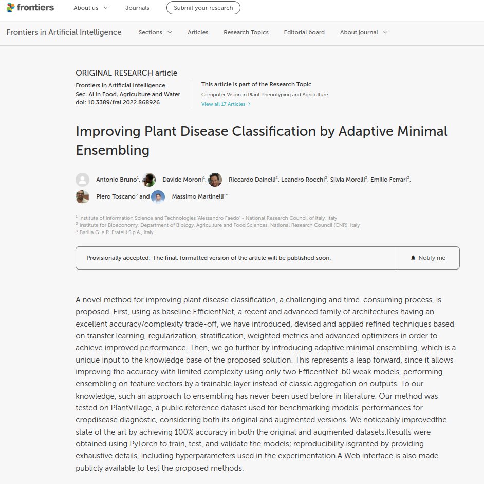 massimowww's tweet image. Improving #PlantDisease #Classification by Adaptive Minimal #Ensembling: accepted for publication by @FrontiersIn #ArtificialIntelligence : 100% accuracy #ImageClassification @Plantvillage #DeepLearning  
@CNRsocial_ @IstiCnr #IbeCnr @barillagroup @silabcnr