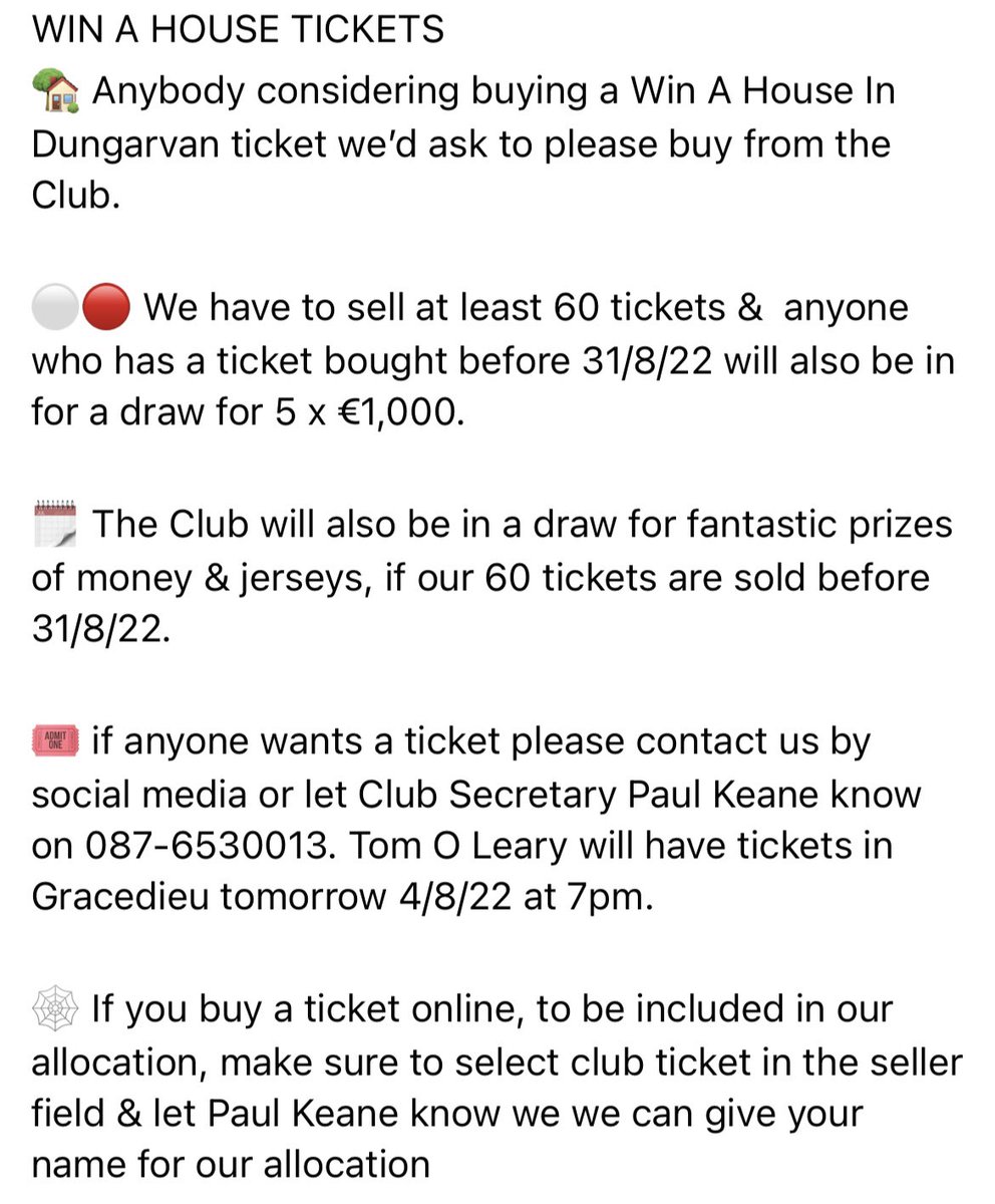 DLSGAA's tweet photo. 🏡 Anybody considering buying @winahousedvan ticket we’d ask to please buy from the Club ⚪️🔴⚪️🔵

🎟 if anyone wants a ticket please contact us by social media or let Club Secretary Paul Keane know on 087-6530013. Tom O Leary will have tickets in Gracedieu tomorrow 4/8/22 at 7pm https://t.co/6EgXVnqvsZ