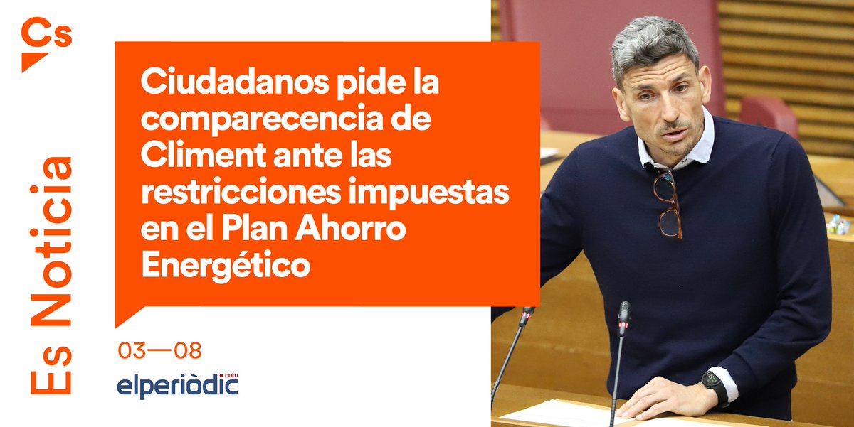 CsCValenciana's tweet photo. 🍊 Cs pide la comparecencia del conseller de Economía.

❔ ¿Qué acciones pondrá en marcha ante las restricciones del plan de ahorro energético del Gobierno?
❔ ¿Cómo va a ayudar a empresas, comercios y sectores productivos frente a la subida de precios?

🗞https://t.co/6DhJif2iTs https://t.co/JVrTUHtThb