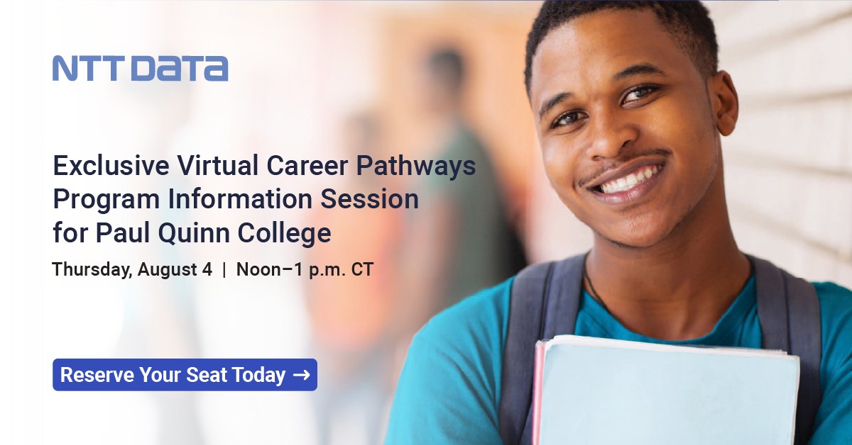 NTT_DATA_NA's tweet photo. 📢 Accelerate your career through the NTT DATA Career Pathways Program. Register for an exclusive apprenticeship virtual info session for Paul Quinn College students. https://t.co/vF8BcpA2Oo #paulquinn #WorkProgram https://t.co/hDnbkMf1NL