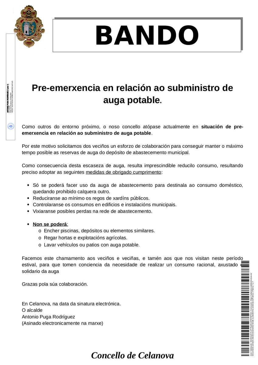 📌 BANDO: Pre-emerxencia en relación ao subministro de auga potable

#Celanova #ConcellodeCelanova #BandoCelanova