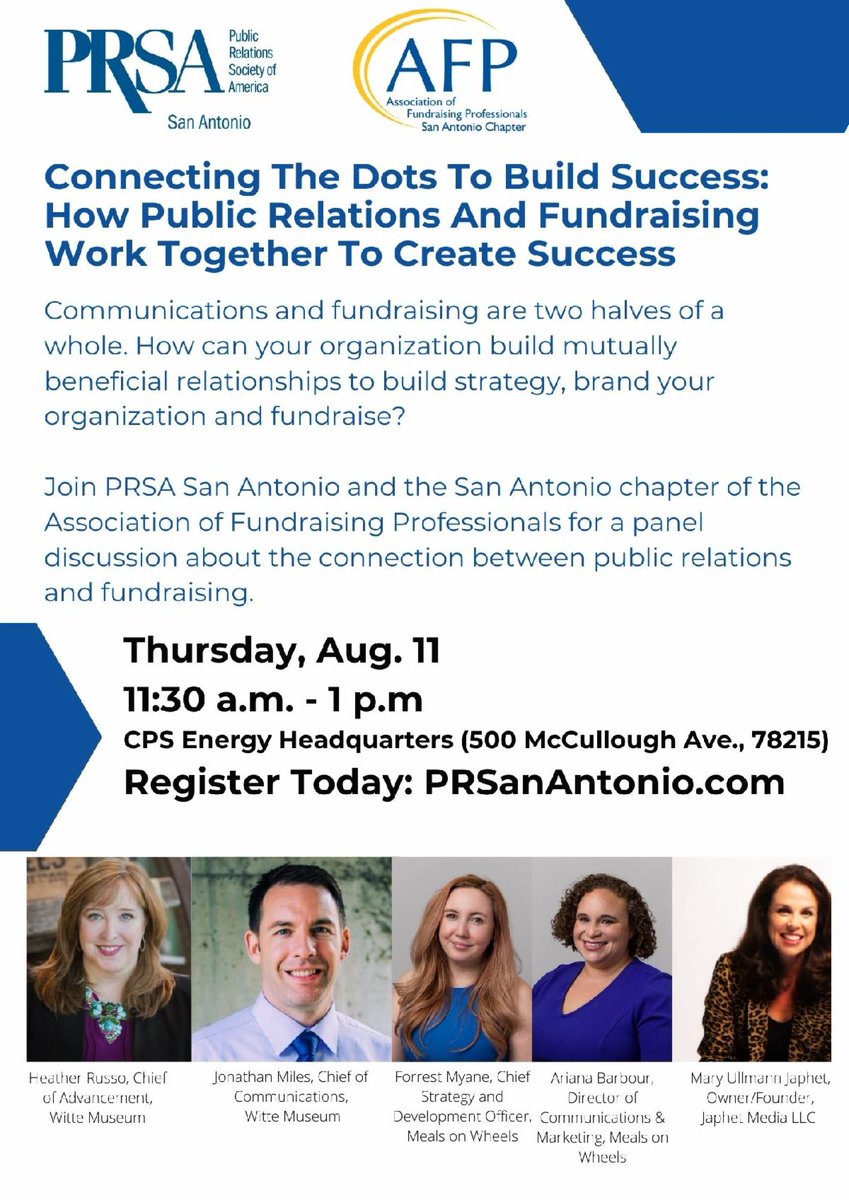 PRSA_SA's tweet photo. Our next big luncheon is fast approaching, so if you haven't registered yet, go to https://t.co/2OedOtr5SC. Some of our favorite pros will be there, so come learn from them, and connect to others! #prsa #prssa #sanantonio #publicrelations #fundraising @PRSSA_UTSA https://t.co/xWeJHkWLNa