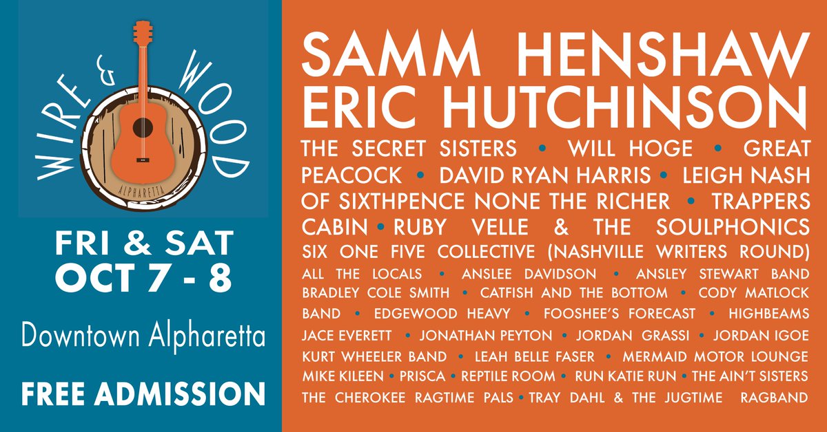 The Wire & Wood 2022 lineup is 🔥🔥🔥. Join us in downtown Alpharetta Friday & Saturday, October 7-8 for 30+ performances on 6 stages. Admission is FREE! #awesomealpharetta #CityOfAlpharetta #alpharettamusiccity #SammHenshaw #erichutchinson #thescretsisters #LeighNash #willhoge