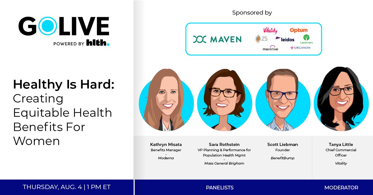 1⃣more day until our next #GoLive Webinar: Healthy is Hard - Creating Equitable Health Benefits for Women on 8/4 at 1pm ET!
featuring:
<a href="/VitalityUSA/">Vitality USA</a> 
<a href="/MassGeneralNews/">MassGeneral News</a>
<a href="/moderna_tx/">Moderna</a>
<a href="/BenefitBump/">Benefit Bump</a>

Add to your 📅now: tinyurl.com/2p9evsvz