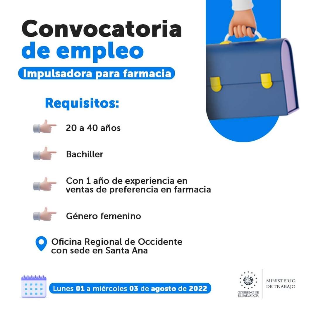 TrabajoSV's tweet photo. 🗓️Del 1 al 3 de agosto
🕗7:30 a.m. a 3:30 p.m.
📍Bolsa de Empleo Ministerio de Trabajo Departamental de Santa Ana. https://t.co/eH0WUgVmTn