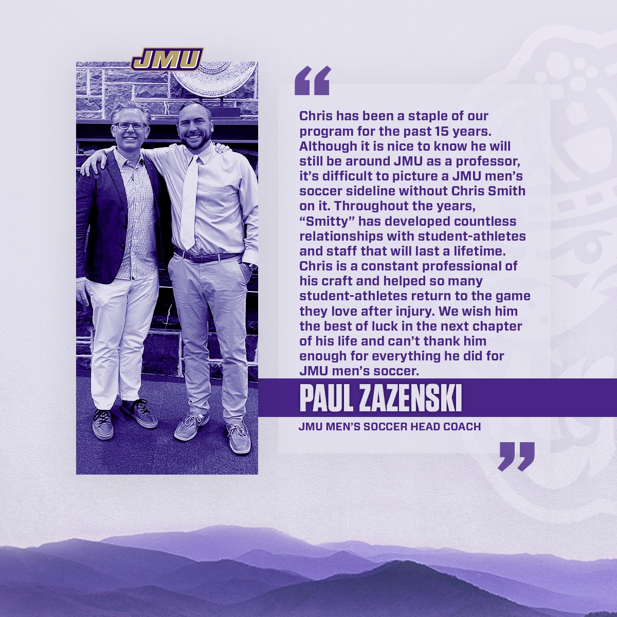JMUMSoccer's tweet photo. As a new season approaches, it'll be the first in 15 years without Smitty on the sidelines with us.

We can't thank you enough for all that you've done for this program and we wish you the best of luck in the classroom!

#GoDukes https://t.co/cexwC66y73