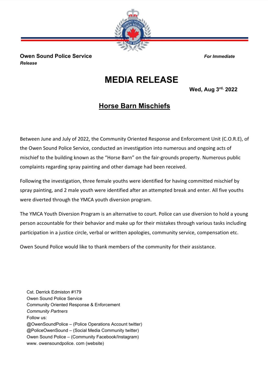 #MediaRelease Horse Barn Mischief. 5 youth have been identified &amp; have been diverted through the YMCA diversion program. <a href="/NewsBayshore/">Bayshore News</a> @BounceRadio923 <a href="/OwenSoundST/">Owen Sound Sun Times</a> <a href="/OwenSoundHub/">Owen Sound Hub</a> <a href="/ChiefAmbroseOSP/">ChiefAmbroseOSPS</a> <a href="/JFluneyOSPS/">InspectorFluney OSPS</a> @Insp_DBishop <a href="/OSPApres/">James Boyle</a>