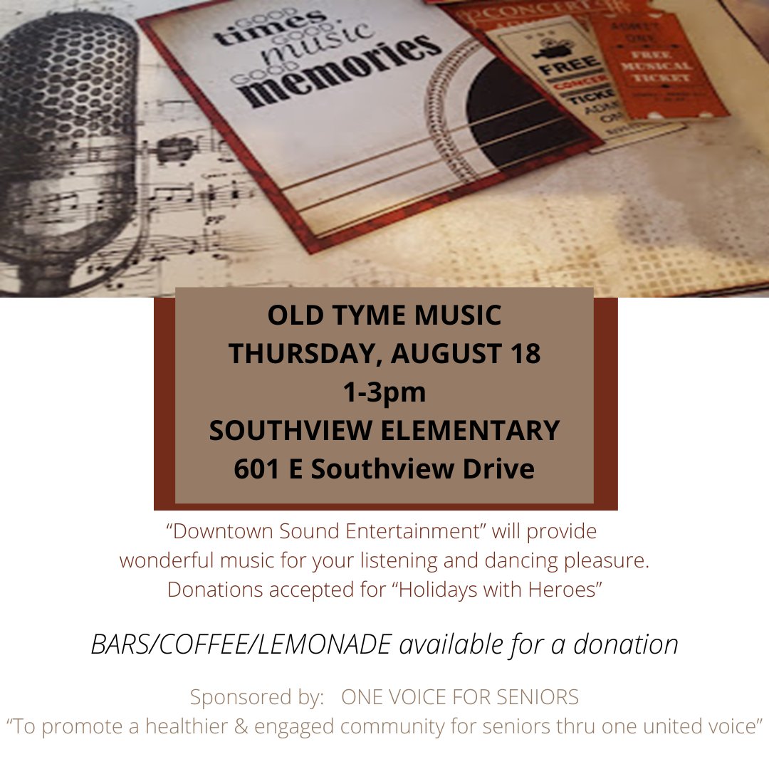 PrairieHomeHosp's tweet photo. PHH is proud to be a part of the One Voice for Seniors group. 

Your invited to join the Old Tyme Music event being held on Thurs Aug 18th from 1p-3p at Southview Elmntry! 

A fun afternoon full of music provided by Downtown Sound Entertainment! 
Bars, coffee &amp; lemonade available https://t.co/J0DfNyMNB9