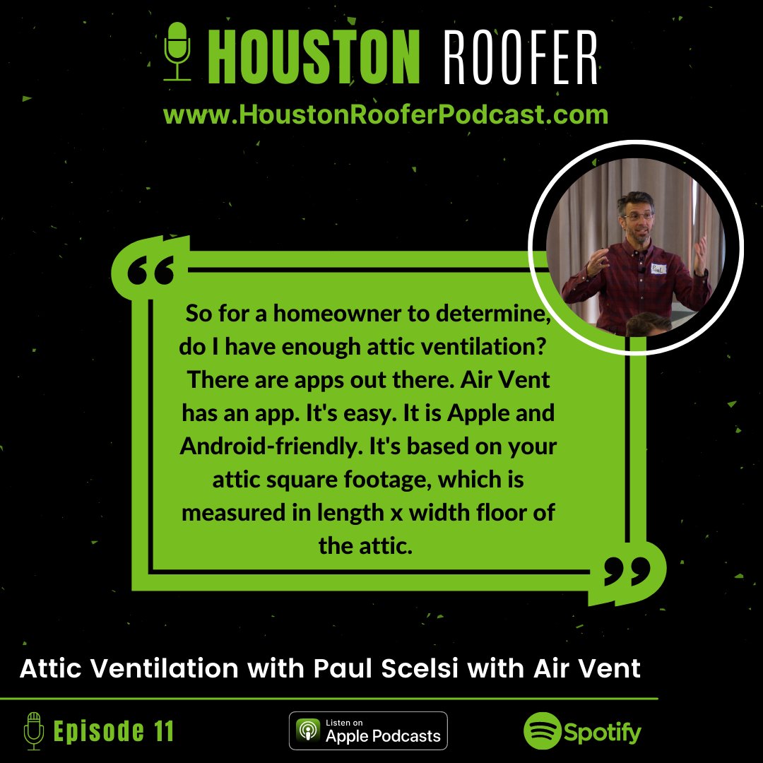 Eps. 11 of Houston Roofer Podcast: What Homeowners Need to Know About Attic Ventilation with Paul Scelsi from @airventinc: bit.ly/3zVPe6k 

#airvent #atticventilation #attic #ventilation #podcast #podcasters #roofer #houstonrooferpodcast #homeownertips #houstonroofer