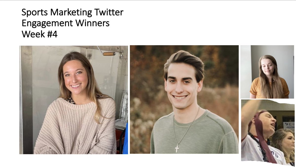 Sports_Biz_Prof's tweet photo. Two Students Earn Top 3 Finish For First Time

Congrats to Week #4 Winners 

1st Place 
@RSteelman4 - 6,000 impressions for the week

2nd Place
@ridgepolk - 5,300 impressions for the week

3rd Place
@abullar4 and @cstep_04 - 4,800 impressions for the week https://t.co/sl5CoWvYot