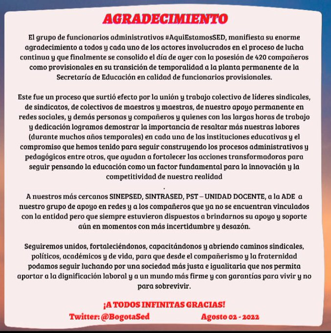 LinaRubianoRod2's tweet photo. Gracias a Tod@s
#AquiEstamosSED
@ConcejoDeBogota
@riveraalzate
@PstColombia
@unidad_docente
@sinepsed
@Sintrased 
#SiSePudo
#LaUnionHaceLaFuerza
@EdnaBonillaSeba
@Educacionbogota
@ClaudiaLopez
@Bogota
@HaciendaBogota
@ServicioCivilD https://t.co/3YObncv1S2