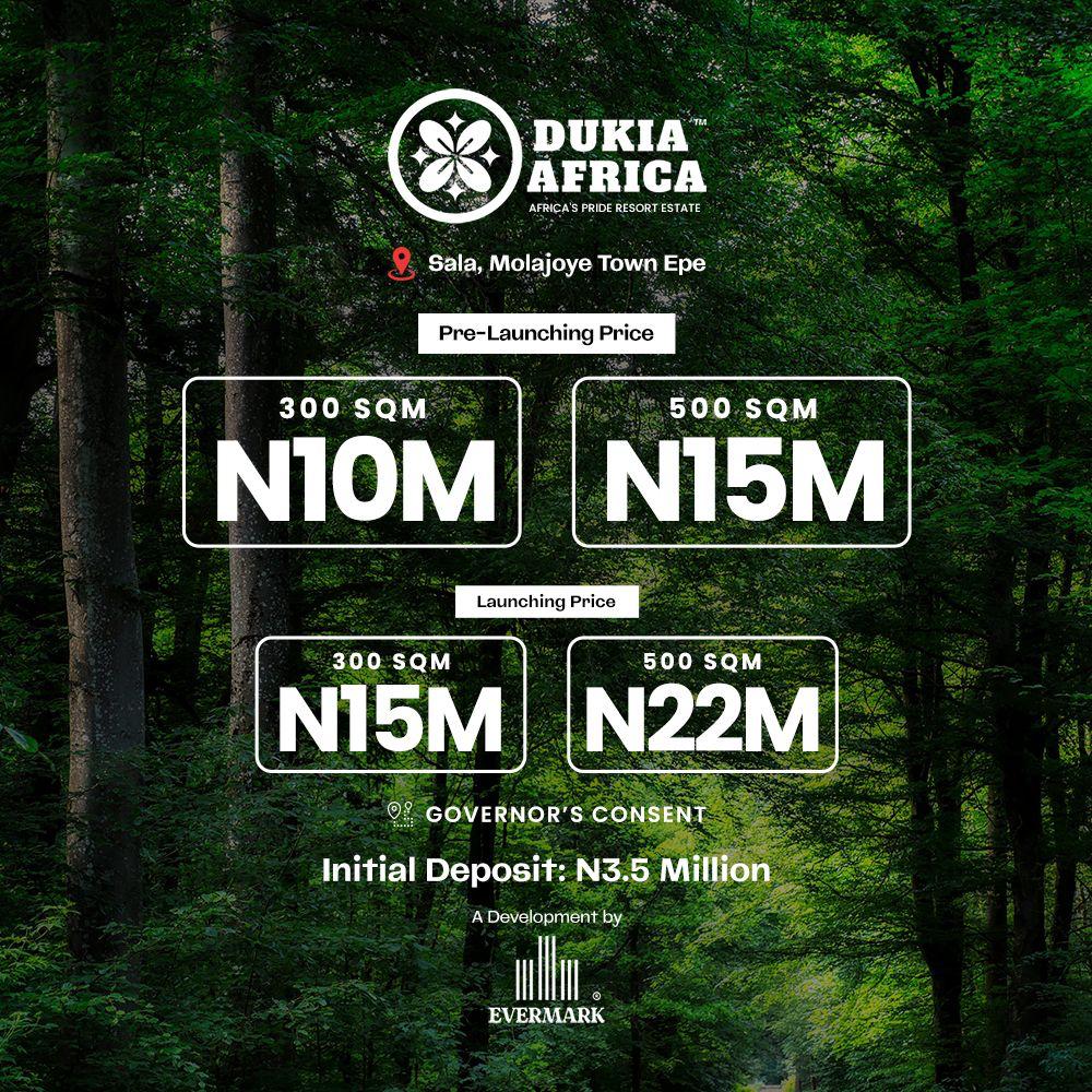 Boj_Properties's tweet photo. @BusinessDayNg *DUKIA AFRICA* is situated at the most serene and beautiful part of the New Lagos Epe.
 *Location*:Sala, Molajoye Town, Epe Lagos.
 Title: *Governor's Consent *
 *LAND TYPES &amp; PRICES:*
*500sqm*=#15,000,000* (Pre-Launch Price)
*300sqm*=#10,000,000* (Pre-Launch Price)
08022669719 https://t.co/VKX1TEjL5Q