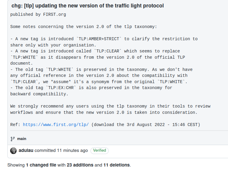 FIRST (<a href="/FIRSTdotOrg/">FIRST.org</a>) Standards Definitions and Usage Guidance (TLP) - Version 2.0 has been released.

So we updated the <a href="/MISPProject/">MISP (@misp@misp-community.org)</a> TLP taxonomy to version 2.0.

github.com/MISP/misp-taxo…

We took great care of ensuring backward compatibility with tools using the taxonomy.