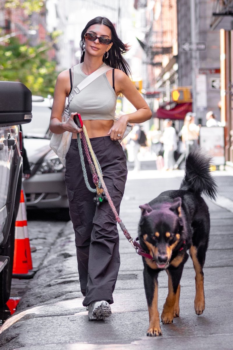 EmRata opted to wear a pair while taking her dog, Colombo, out for a ...