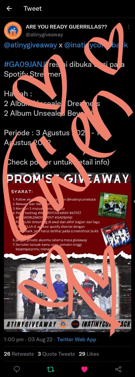 gwenateez's tweet photo. @atinygiveaway @inatinycomeback ALL DONE AND HERE IS THE THREAD OF THE PROOF
Lemme tag my luv @smilewoosan
@gomjiteez @elite9793
#INATINYGIVEAWAY #ATEEZ #ATZWORLDMOVEMENT #GA09JANJI https://t.co/V4Au6Mc7Fr