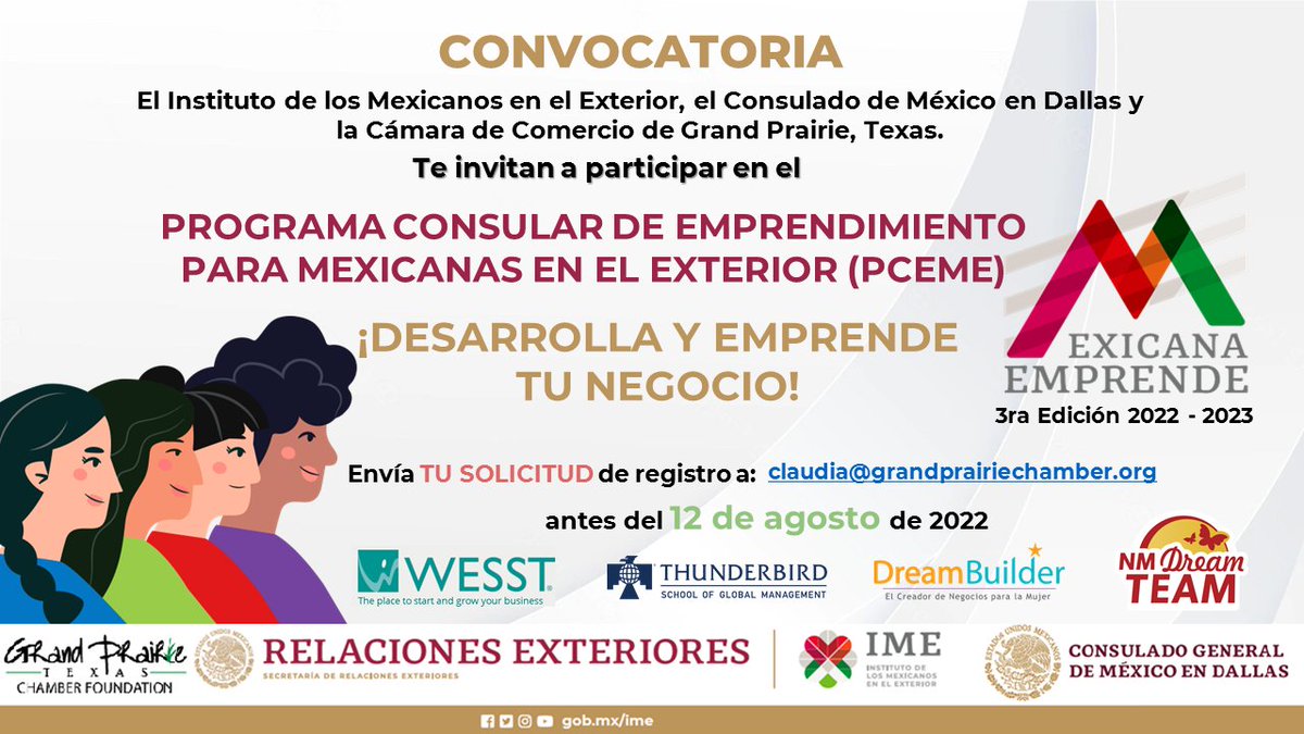 ⚠️ Si eres emprendedora 🇲🇽 tienes una idea de un negocio o quieres crecer tu negocio <a href="/ConsulMexDal/">ConsulMexDal</a> y <a href="/gptxchamber/">Grand Prairie Chamber</a> te invitan a participar en el programa #PCEME #MexicanaEmprende <a href="/IME_SRE/">IMME</a> y recibe una capacitación integral para tu negocio.
➕info: tinyurl.com/438hh4hf