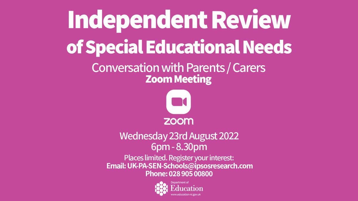 As part of the Independent Review of Special Educational Needs, IPSOS is seeking the views of parent/carers in relation to improving SEN process and services. Registration details below.
