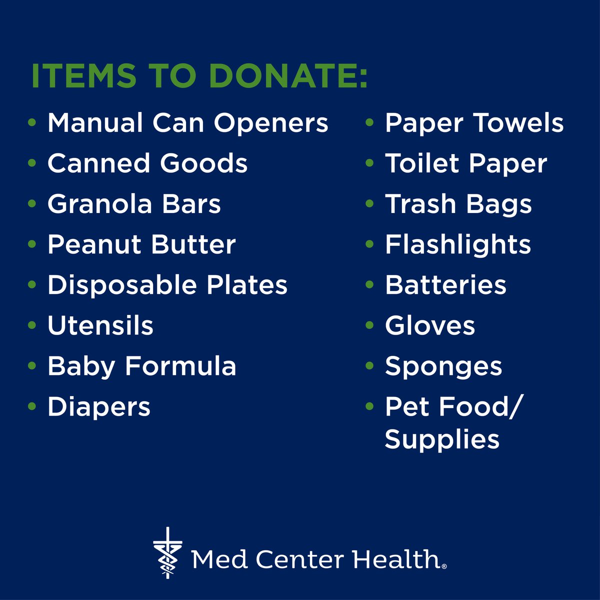 MedCenterHealth's tweet photo. The Medical Center at Bowling Green will collect items from the community to be distributed to those displaced by the recent flooding in Eastern Kentucky on Friday, August 5 from 7am-3pm at the UK College of Medicine-Bowling Green Campus and Medical Education Complex. https://t.co/pU1S2uKap1