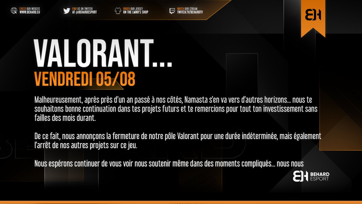 Arrêt de l'activité sur Valorant pour une durée indéterminée.