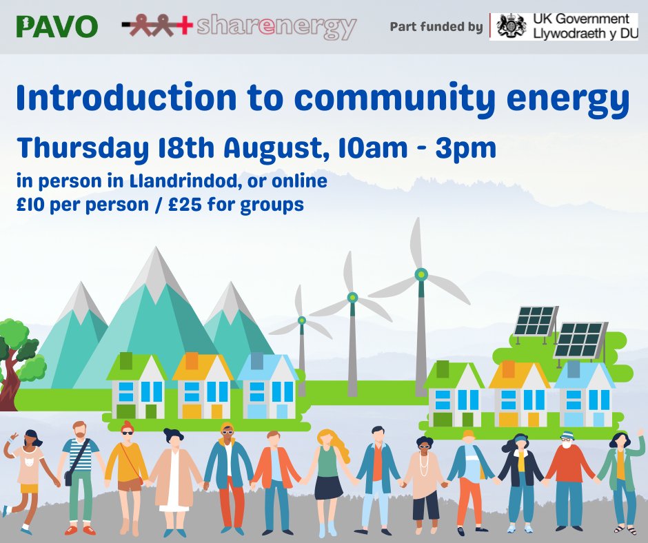 PowysVolCentre's tweet photo. Would you like to make community owned energy a reality in your area? Not sure how to start? Part of our #UKCommunityRenewalFund project to support community energy, a @sharenergy_uk workshop on 18 Aug will help you get going. Open to all, croeso i bawb!
https://t.co/ErEiTw5V6e https://t.co/A3lUm520wI