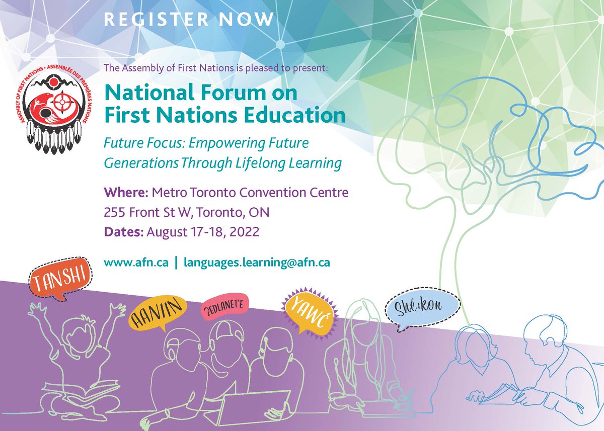 AFN_Updates's tweet photo. Join us August 17-18 for the AFN National Forum on #FirstNations Education in Toronto, Ontario. Network and share perspectives of #WholisticLearning. 

Register now: https://t.co/JexQWxMpuI 

#LifelongLearning https://t.co/CRjTDUJeAF