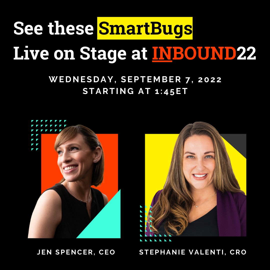 Are you heading to #INBOUND22 too?

<a href="/SmartBugMedia/">SmartBug Media</a>’s CEO, @jenspencer and CRO, Stephanie Valenti will team up to share personal stories that have led to their professional careers.

Watch them LIVE on stage Wednesday, September 7, 2022 at 1:45p.m. ET