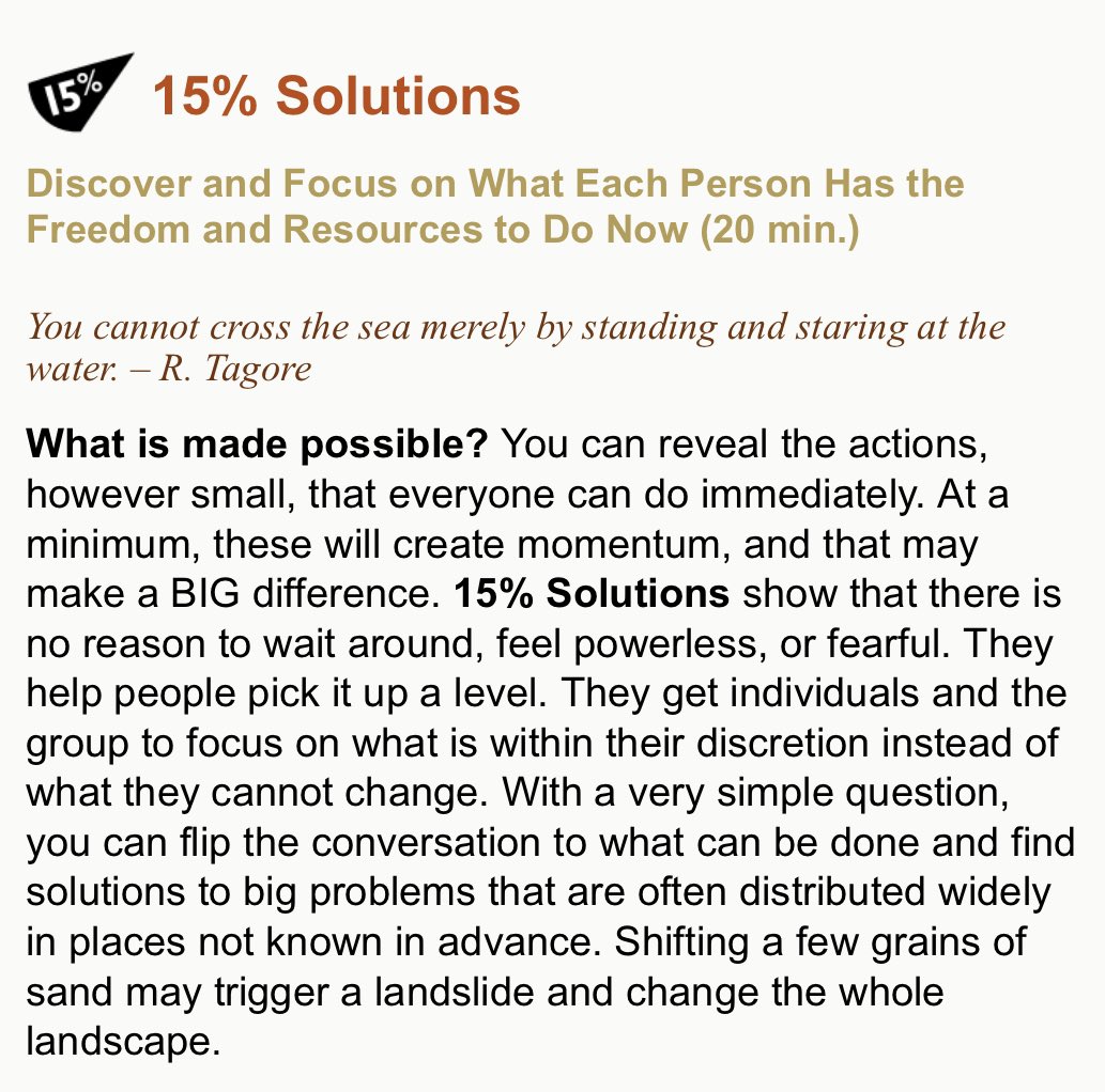 Making changes can often seem impossible. Where do you start? What difference can I make? Use 15% solutions to identify what is in your control. Read more below. #liberatingstructures #QITwitter 

liberatingstructures.com/7-15-solutions/