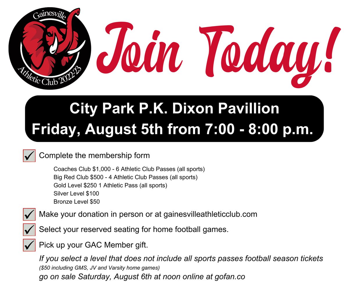goredelephants's tweet photo. Be there Big Red and donโt forget, ๐ด๐๐ season tickets go on sale Saturday on https://t.co/OJyf0Swd20. #GoBigRed #ReadytoStomp @GCSSK12 @GCSS_GHS @gainesvillefb https://t.co/Tr4Eb0y4by