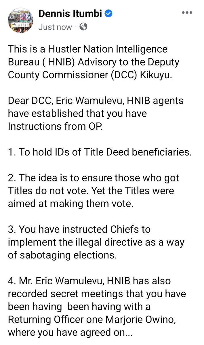 OleItumbi's tweet photo. This is a Hustler Nation Intelligence Bureau ( HNIB) Advisory to the Deputy County Commissioner (DCC) Kikuyu.

Dear DCC, Eric Wamulevu, HNIB agents have established that you have Instructions from OP.

..You are so ADVISED! https://t.co/gSRrKIRLkF