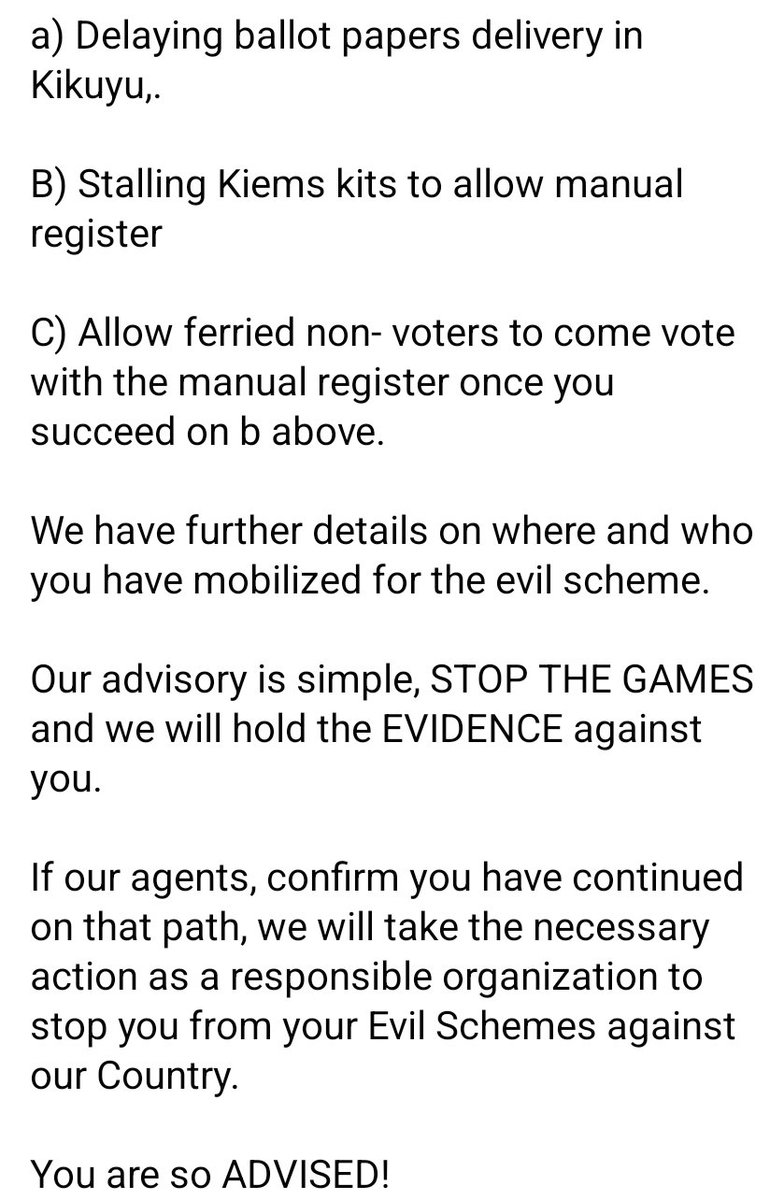 OleItumbi's tweet photo. This is a Hustler Nation Intelligence Bureau ( HNIB) Advisory to the Deputy County Commissioner (DCC) Kikuyu.

Dear DCC, Eric Wamulevu, HNIB agents have established that you have Instructions from OP.

..You are so ADVISED! https://t.co/gSRrKIRLkF