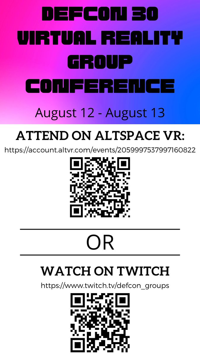 cyberqueenmeg's tweet image. Join me on Saturday, August 13 at 10am for my presentation at the DEF CON Groups Virtual Reality Event @ DEF CON 30! You can join me in AltSpace VR (code KUD156) or you can watch the stream of the AltSpace event on Twitch. See the image below for both links. Hope to see you!