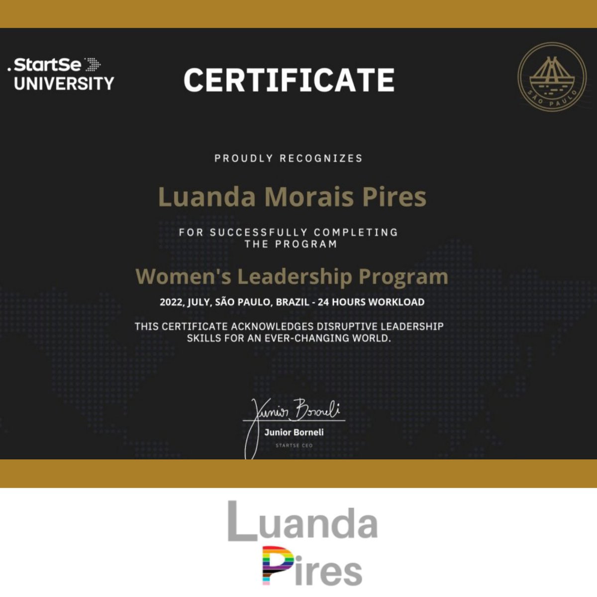 Recentemente concluí o curso "Women’s Leadership Program", organizado pela <a href="/startseoficial/">StartSe</a>, em parceria com a Nova SBE, uma das melhores escolas de negócios da Europa.

#luandapires #diversidade #inclusão #formação #curso #liderança #liderançafeminina #startse #novasbe