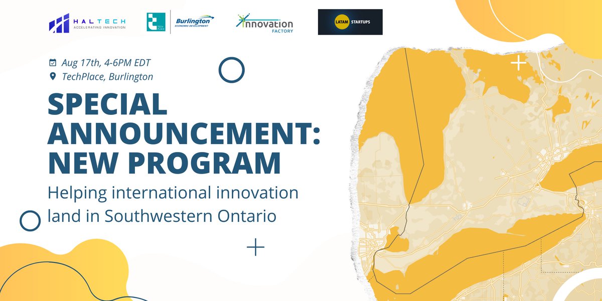 TechPlaceBurl's tweet image. Join #TechPlace, @Haltech_RIC, and @iF_hamont, in partnership with @LatAmStartupsCo, for our Special Announcement on August 17th of a new program that will benefit innovation in Southwestern Ontario.

To register or for more information, please reach out to Hannah@techplace.ca.