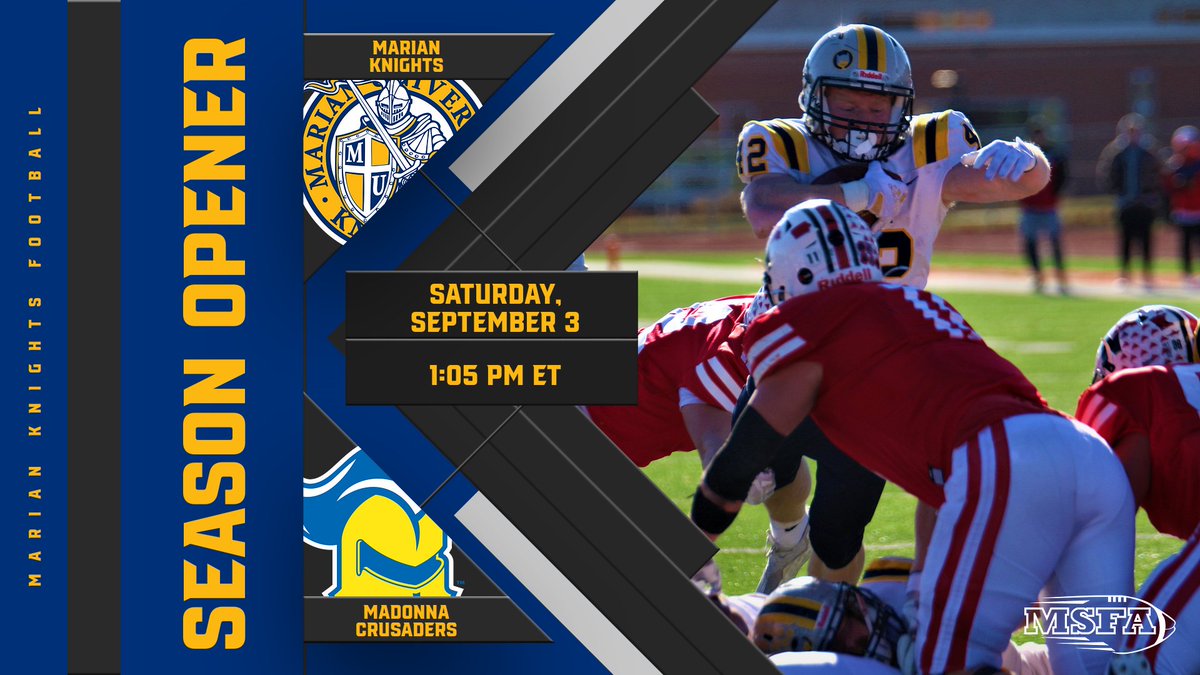 Marian Knights (@muknights) on Twitter photo One month from today, the 2022 Marian Football season kicks off!!
Who else is ready to join us on September 3 at 1:05 p.m. from St. Vincent Field when <a href="/MarianUFootball/">Marian Football</a> takes on Madonna in a week-one MSFA Mideast showdown?! One month from today, the 2022 Marian Football season kicks off!!
Who else is ready to join us on September 3 at 1:05 p.m. from St. Vincent Field when <a href="/MarianUFootball/">Marian Football</a> takes on Madonna in a week-one MSFA Mideast showdown?!