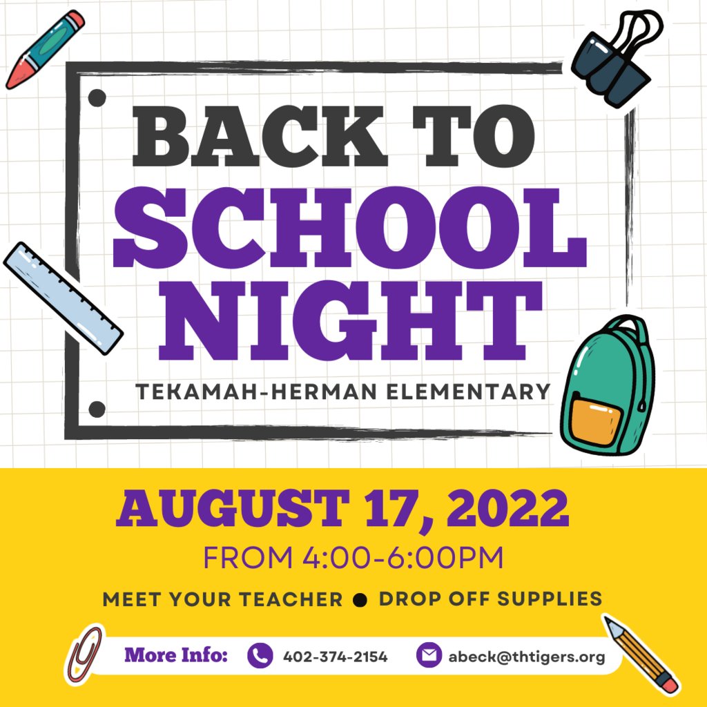 Elementary students and parents - please join us for Back to School Night on Wednesday, August 17th from 4-6pm.