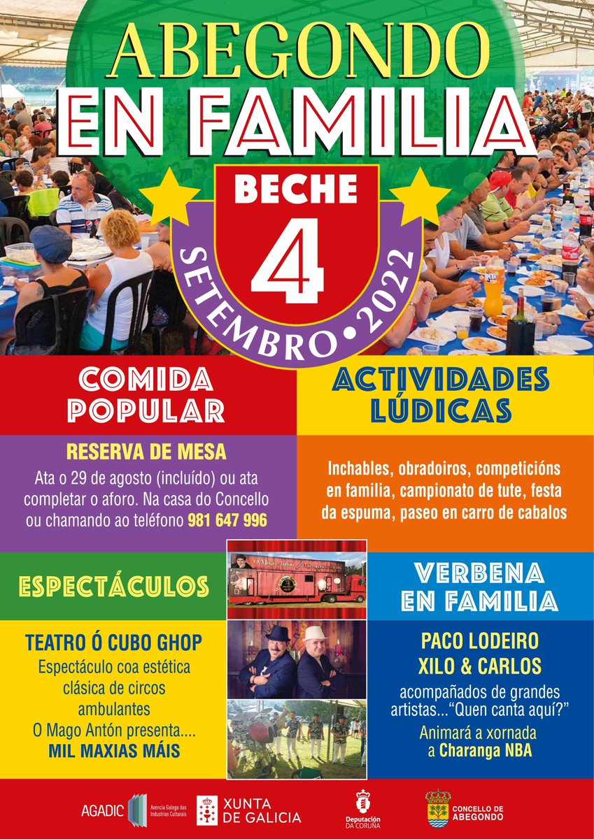 abegondo's tweet photo. 🎉🎊 O 4 de setembro, #Abegondo pasa o día en #familia en #Beche!

🎶🎭🎨 Actividades lúdicas, espectáculos, verbena en familia e gran comida popular.

‼ Lembrade reservar mesa antes do luns 29 de agosto ou ata completar aforo ➡ 981 647 996.

Máis info:
https://t.co/g6Mc0hOrsX https://t.co/Om34GZcfcL