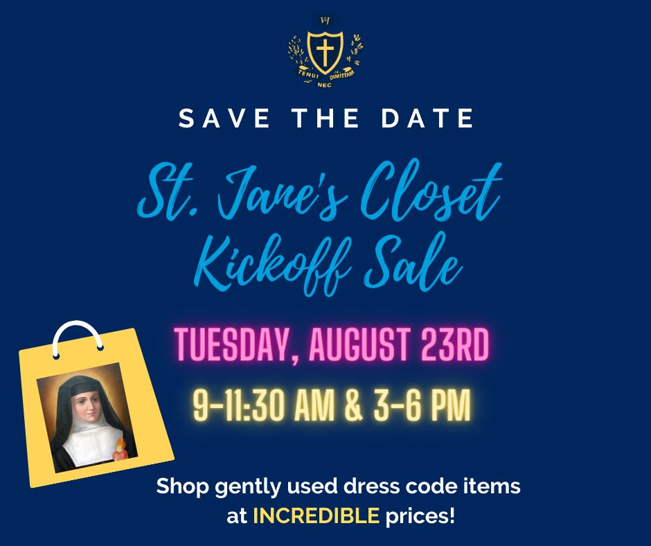 St. Jane's Closet Back to School Sale is on August 23rd from 9-11:30 AM &amp; 3-6 PM. Catch great bargains on beautiful, gently used dress code and spirit wear items. Proceeds benefit Salesianum's Center for Faith &amp; Justice/Student Union. Cash, credit cards, and checks are accepted.