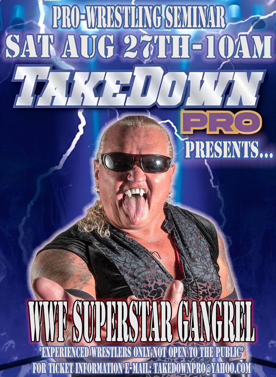 TakeDownPro_'s tweet photo. Saturday Aug 27th, TakeDown Pro and will be holding a training seminar with wrestling Superstar @gangrel13 !

This seminar is for Experienced Wrestlers Only, and is not open to the public.  Space is limited!!
Email TakeDownpro@yahoo.com for ticket information https://t.co/IJLUhgULbA