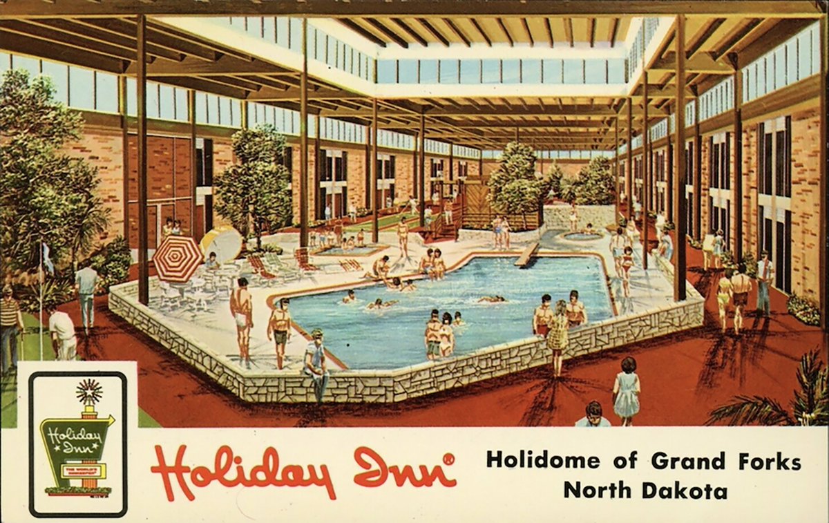 PowellsLeftArm's tweet photo. Revisiting a minor obsession of mine: finding surviving "Holidome" hotels. Built in the 1970s, the concept was mini-resort hotels in unassuming locations built around a massive indoor courtyard and pool. Hard to maintain, many are gone now. Do you know of any still standing? https://t.co/J1syT99xsT