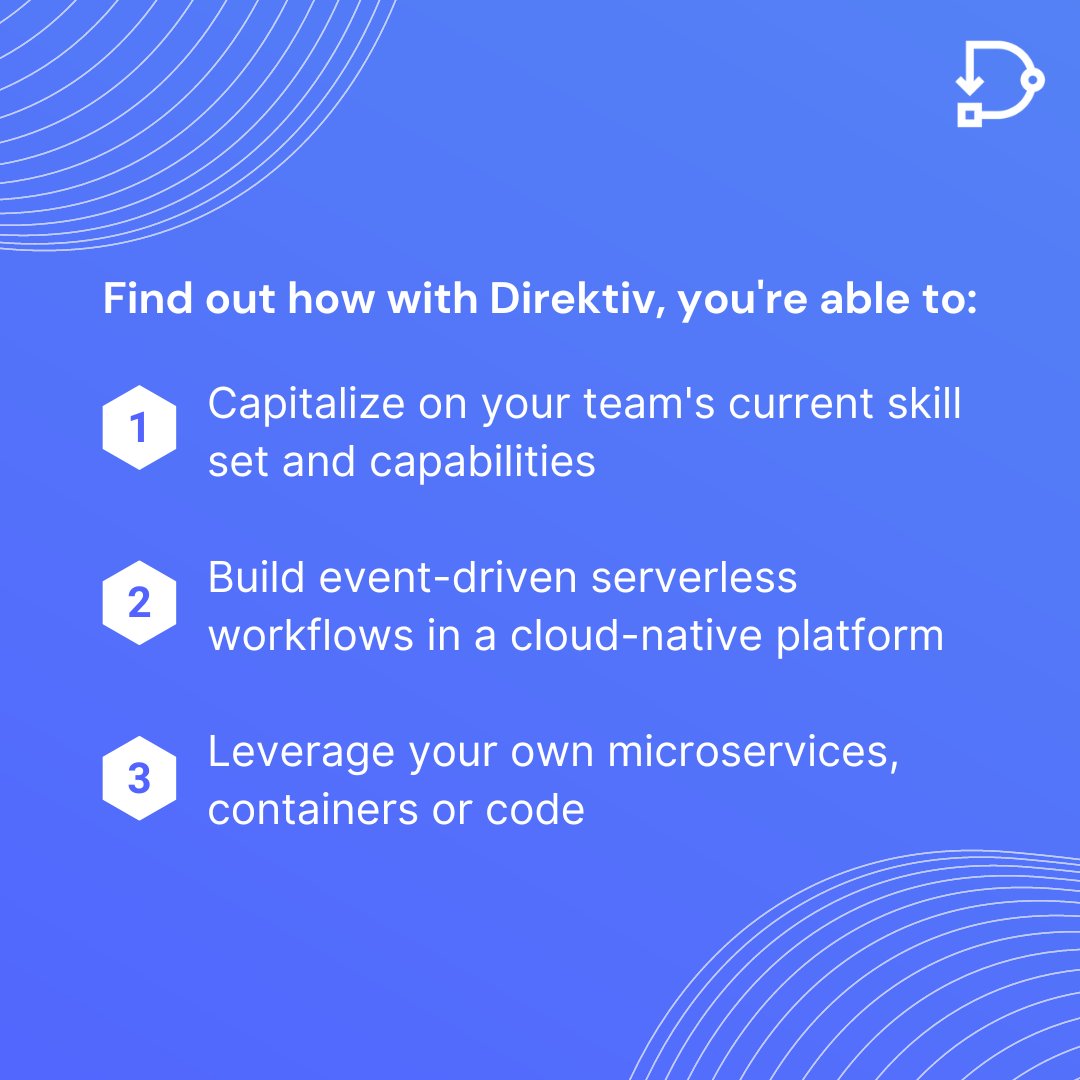 direktiv_io's tweet image. With Direktiv, you're able to:
- Leverage your own #microservices, #containers or code
- Build event-driven #serverlessworkflows in a cloud-native platform
- Capitalize on your team's current skillset and capabilities 
Learn more: docs.direktiv.io/v0.6.6/getting…