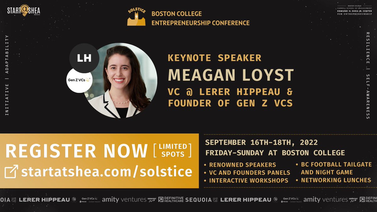 Introducing <a href="/StartatShea/">Start@Shea</a>’s Solstice Conference at Boston College this fall. Come celebrate a weekend of startups, tech, VC, and football with us + @MeaganLoyst 🦅

Open to everyone - register at startatshea.com/solstice and see you all there. Bring your friends! 

#SheaSolstice💡