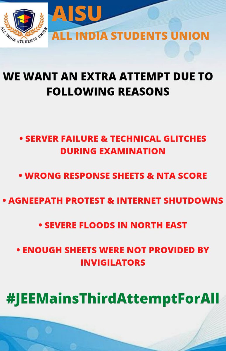 Official_AISU's tweet photo. 17000 Students v/s NTA
◆Technical faults during the exam
◆Wrong response sheets displayed
◆No proper gap between attempts

Is this the justice #JEEMains2022 aspirants deserve
#JEEMainsThirdAttemptForAll https://t.co/Tq7F81LnfY