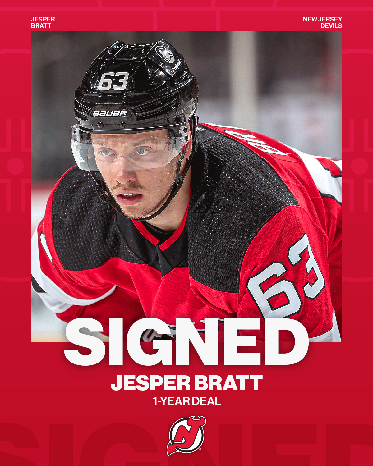 NHL on X: JERSEY JESPER 😈 Jesper Bratt and the @NJDevils have signed a  one-year deal! 🤝  / X