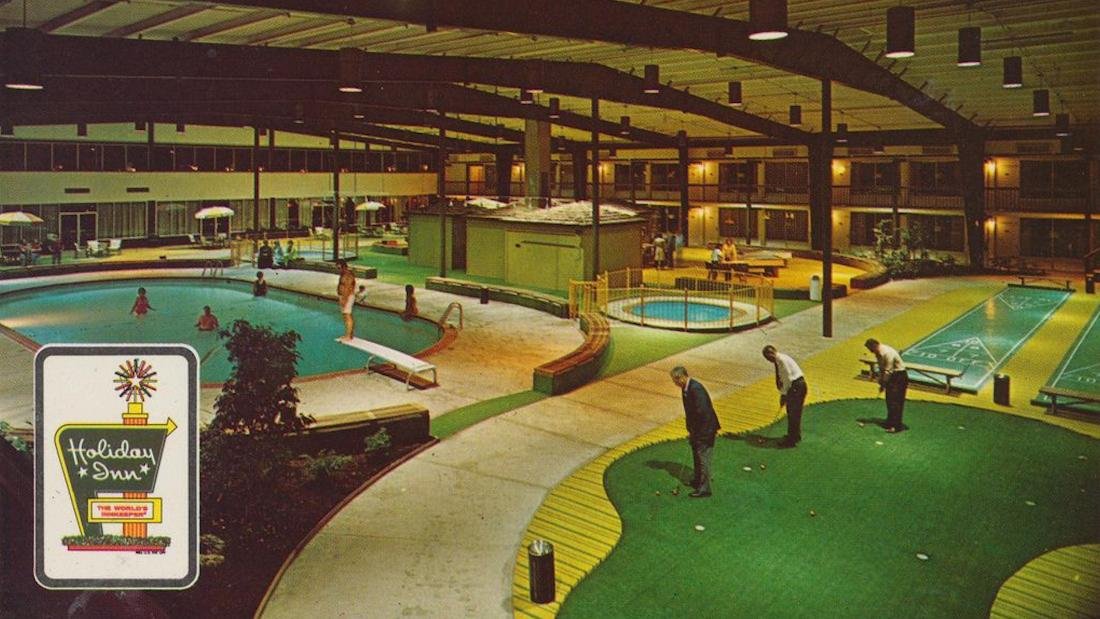 PowellsLeftArm's tweet photo. Revisiting a minor obsession of mine: finding surviving "Holidome" hotels. Built in the 1970s, the concept was mini-resort hotels in unassuming locations built around a massive indoor courtyard and pool. Hard to maintain, many are gone now. Do you know of any still standing? https://t.co/J1syT99xsT