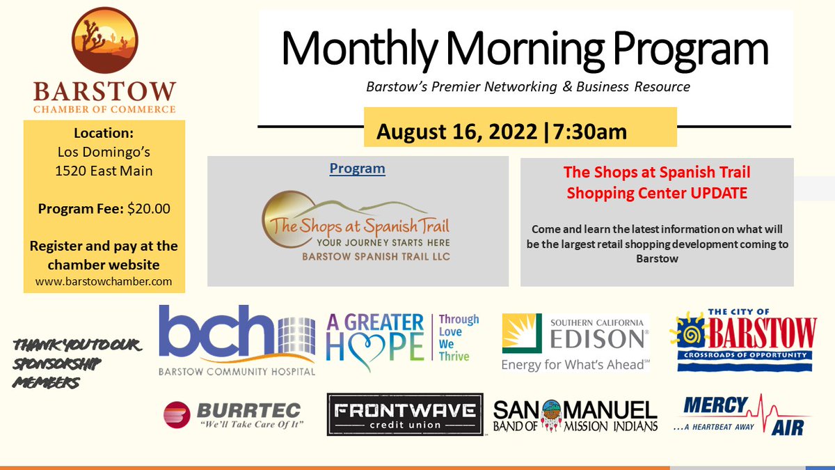 BarstowChamber's tweet photo. Join the Barstow Chamber of Commerce on August 16, 2022 for an update on The Shops at Spanish Trail shopping Center.
#barstowchamber #barstow #cityofbarstow #theshopsatSpanishTrails https://t.co/doGYLd6Ckr