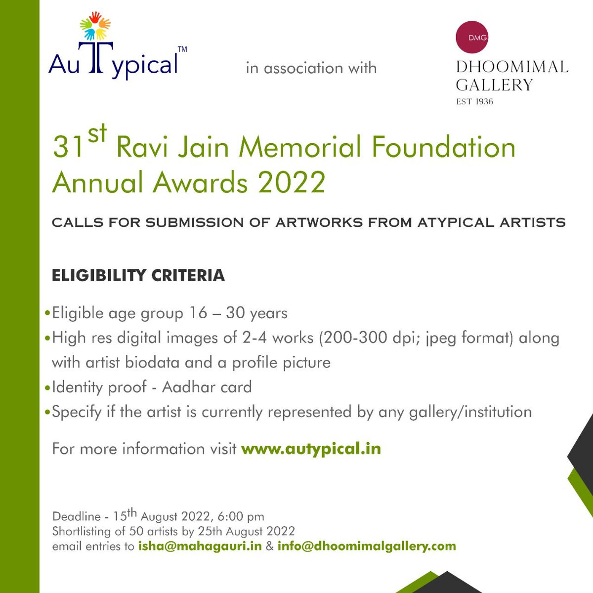 Prestigious Art fest of Delhi for the first time opens participation to Autistic Artists. 
dhoomimalgallery.art
Big Milestone for Inclusion.