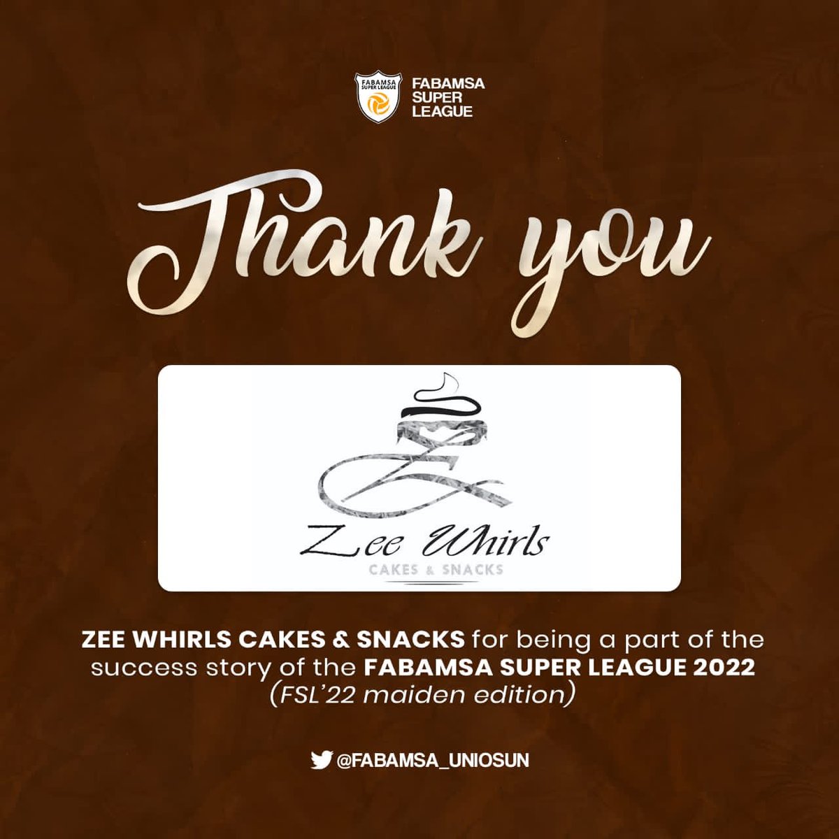FABAMSA_UNIOSUN's tweet photo. Appreciating another brand that have supported us, Zee Whirls Cakes and Snacks
Thank you for your support. We will have a better and bigger #FSL next year
#FSL #FABAMSASuperLeague #FSLTheBeginning #FSLUNIOSUN https://t.co/DhxDB7Dzce