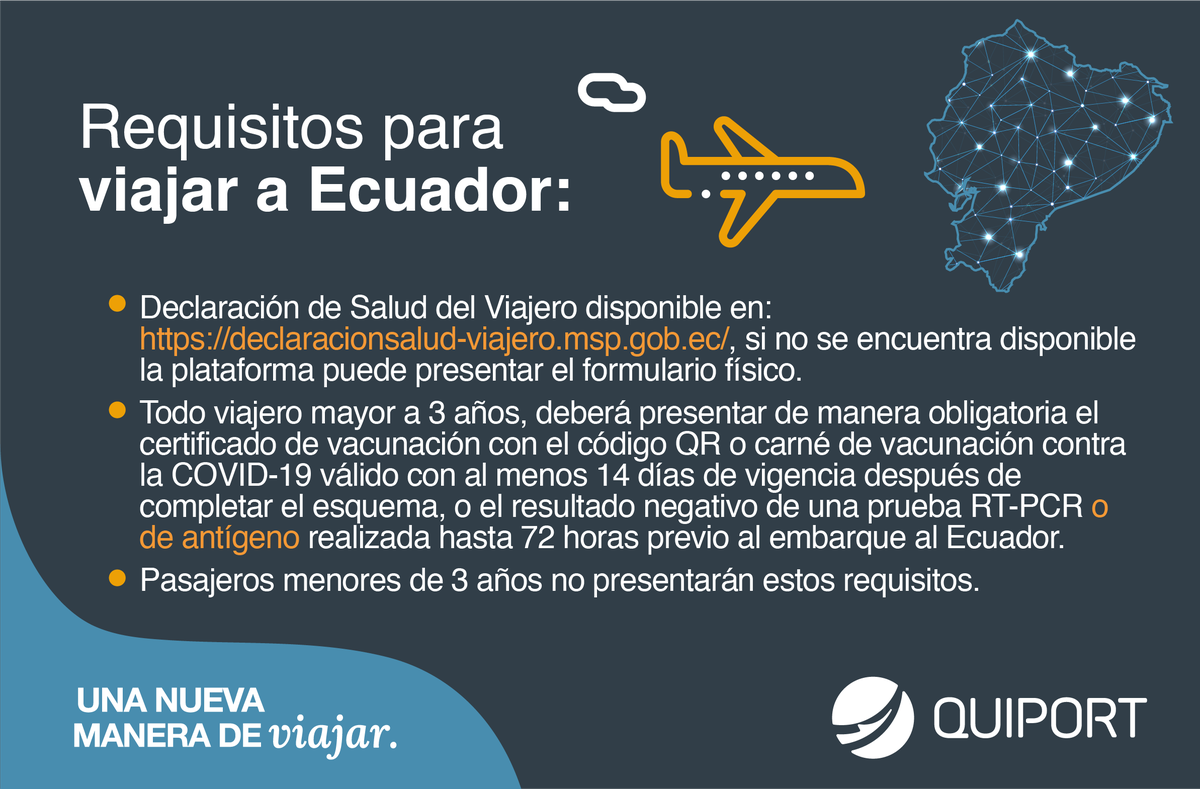 AeropuertoUIO's tweet photo. ✈️🇪🇨
Requisitos aprobados por el COE Nacional para viajar a Ecuador.
Para llenar la declaración digital de salud del viajero, ingrese aquí👇
https://t.co/X4E3gWhFLv https://t.co/Bp8g97jNAW